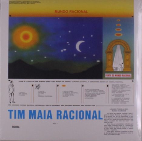 Text: "Mundo Racional", "Tim Maia Racional", "Porta do Mundo Racional". Illustration einer nächtlichen Landschaft mit Sonne und Mond.