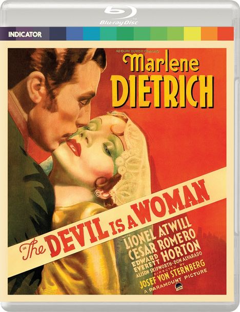 „Marlene Dietrich“ in Großbuchstaben. Darunter: „The Devil Is a Woman“. Illustration eines Paares im intimen Moment.