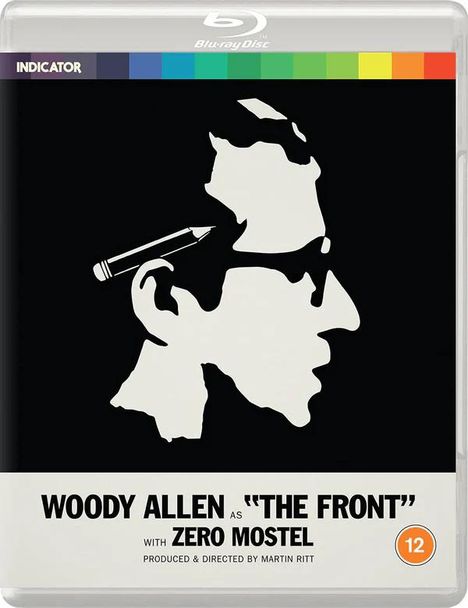 Text: "Woody Allen as 'The Front' with Zero Mostel. Produced & Directed by Martin Ritt." Silhouette eines Kopfes mit Bleistift.