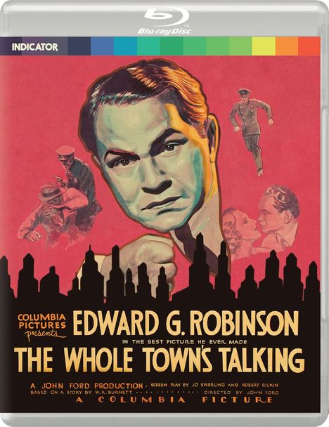 Illustration mit Text: "Edward G. Robinson in The Whole Town's Talking". Stadt-Silhouette und großes Porträt zentral.