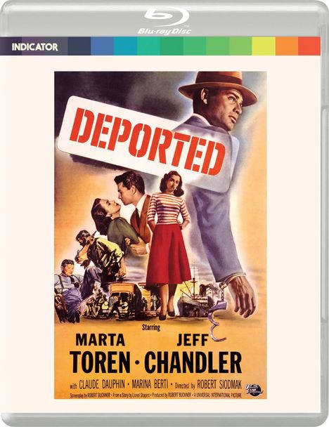 Großer Schriftzug: "Deported". Marta Toren, Jeff Chandler. Szene mit Mann im Anzug und Frau in rotem Rock, Autos und Schiff.