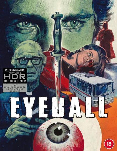"EYEBALL" in großen Buchstaben, ein Messer, Auge, Gesichter, ein Bus und eine rote Gestalt. Altersfreigabe 18.