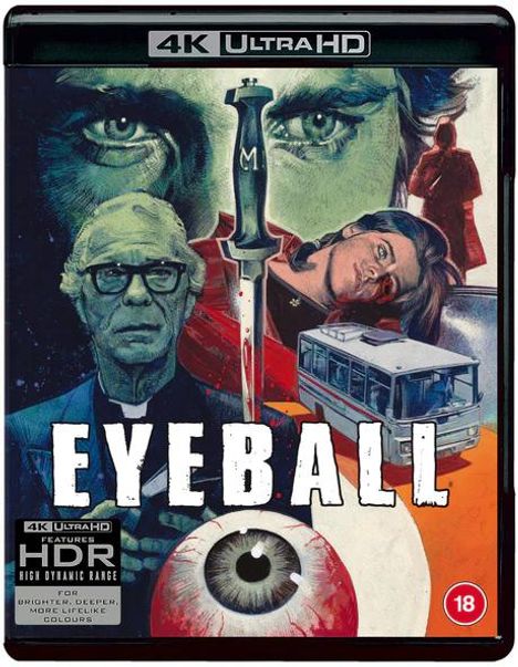 "EYEBALL" in großen Buchstaben. Illustration mit Messer, Auge, Bus, Person mit Brille, Mann im Regenmantel. Altersfreigabe 18.