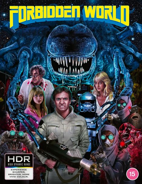 "FORBIDDEN WORLD" in gelb auf blauem Hintergrund, Sci-Fi-Szene mit blauen Monstern, bewaffnetem Mann und futuristischen Figuren.
