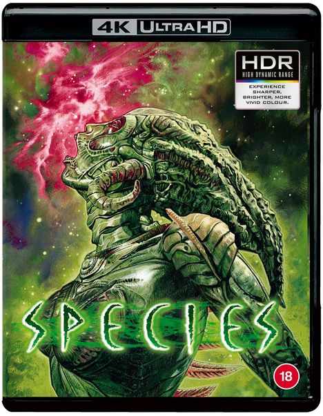 Text: "4K Ultra HD", "HDR", "SPECIES", Altersfreigabe 18. Eine düstere, futuristische Kreatur in kräftigen Farben.