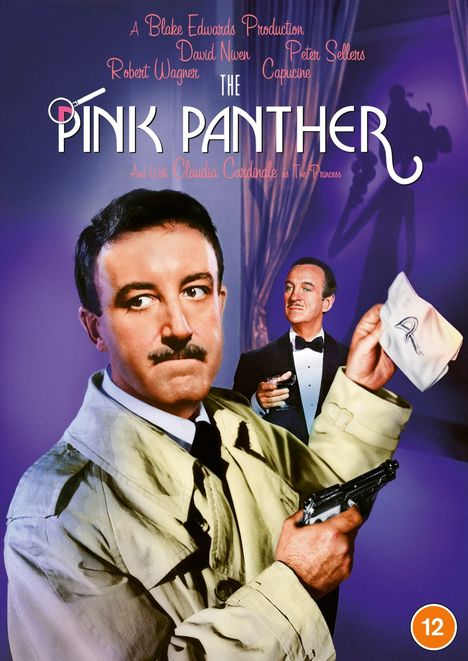 Text: "A Blake Edwards Production" und "THE PINK PANTHER".  
Illustration: Ein Mann mit Schnurrbart in Trenchcoat hält eine Pistole. Ein anderer im Anzug mit Glas.