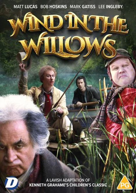 "WIND IN THE WILLOWS" oben. Darunter vier Männer in Kostümen in einer naturnahen Szene.