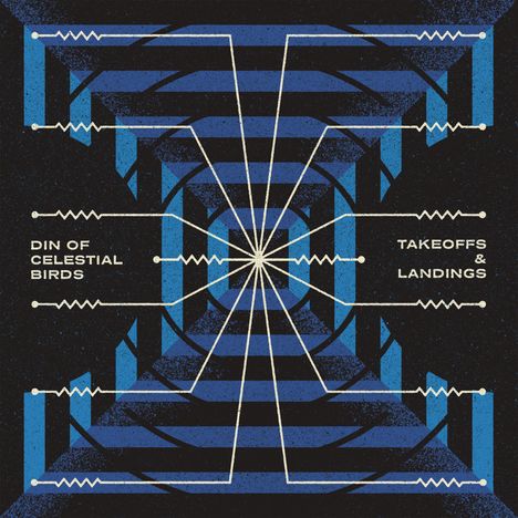 „DIN OF CELESTIAL BIRDS“ links, „TAKEOFFS & LANDINGS“ rechts. Grafik mit blauen und schwarzen geometrischen Mustern.