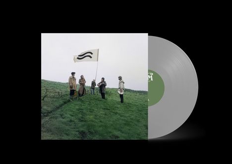 Fünf Menschen stehen auf einem grünen Hügel, einer hält eine Fahne mit zwei wellenförmigen Linien. Eine Schallplatte ist daneben.