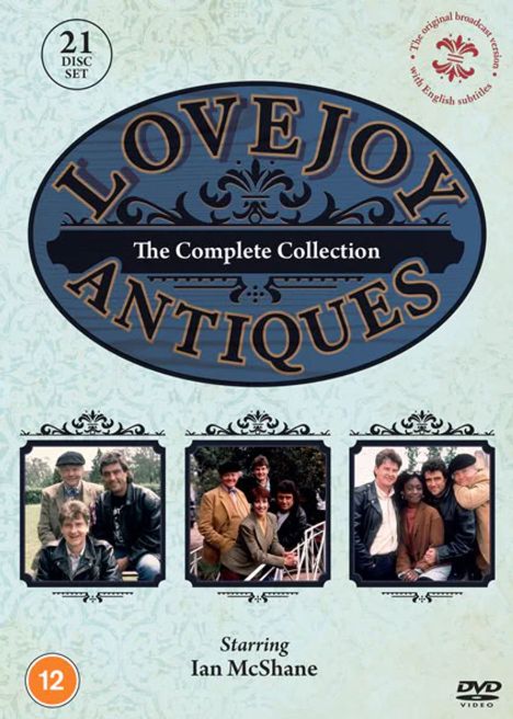 "LOVEJOY ANTIQUES: The Complete Collection." Fotos von Personen in verschiedenen Gruppen, mit Hinweis auf 21 DVD-Set.