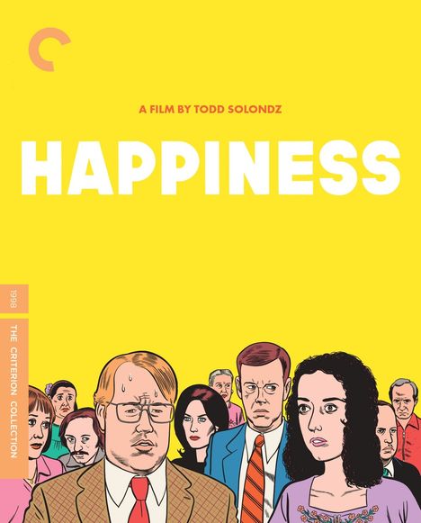 „A Film By Todd Solondz. HAPPINESS“. Illustration von besorgten Personen auf gelbem Hintergrund.