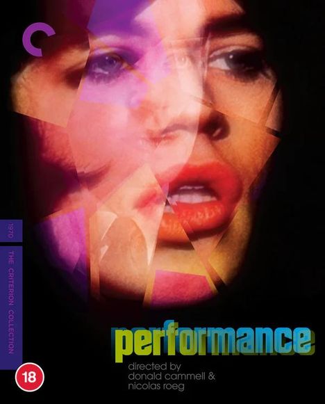Text: "Performance", "directed by donald cammell & nicolas roeg", "18". Verschachtelte Gesichter in leuchtenden Farben.