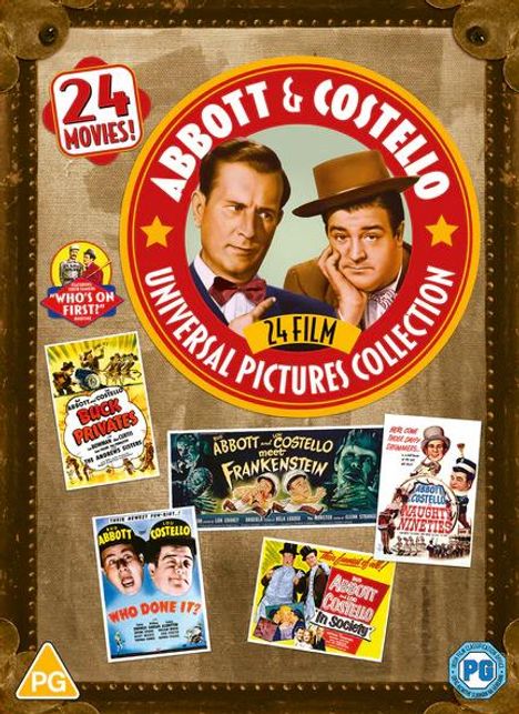 "Abbott & Costello Universal Pictures Collection", umgeben von Filmplakaten. Zwei Männer im Fokus, gelbes Schild "24 Film".