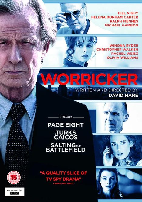 "WORRICKER" groß, darunter "Written and directed by David Hare". Links dominantes Gesicht, rechts kleinere Porträts.