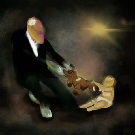 In einer düsteren Illustration zerrt eine unscharfe Gestalt an einem Teddy mit einem Baby. Ein Lichtschein erhellt die Szene.
