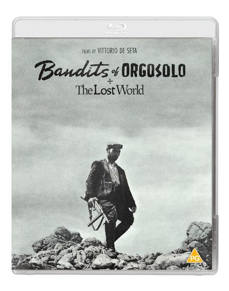 Text: "Bandits of Orgosolo + The Lost World." Ein Mann steht auf Felsen mit einem Gewehr, in Schwarz-Weiß gehalten.