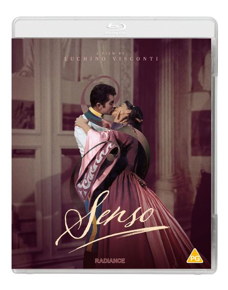 Text: "A film by Luchino Visconti", "Senso", "Radiance". Ein Paar in historischer Kleidung umarmt sich innig.