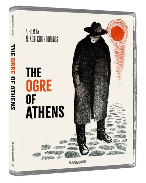 "The Ogre of Athens" in Schwarz und Orange. Illustration: Geheimer Mann mit Hut unter roter Sonne.