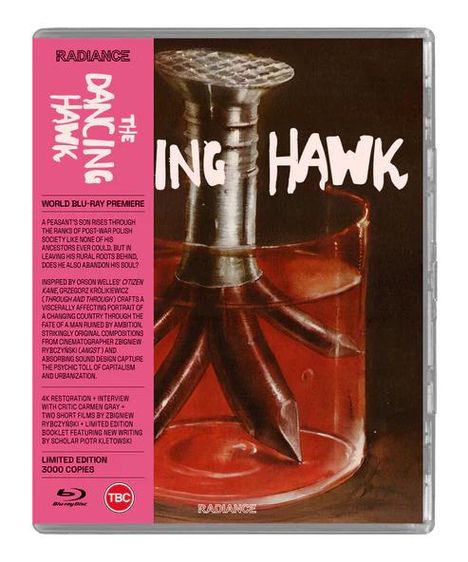 „The Dancing Hawk“ steht in pinkem Text vertikal. Daneben ist eine Illustration mit Pfahl im blutroten Glas.