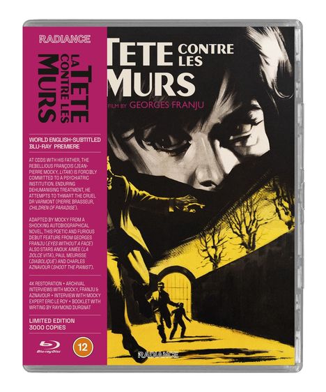 "TETE CONTRE LES MURS. Film von Georges Franju. Illustration mit Gesicht im Schatten und Figuren, die durch einen gelb erleuchteten Tunnel laufen."