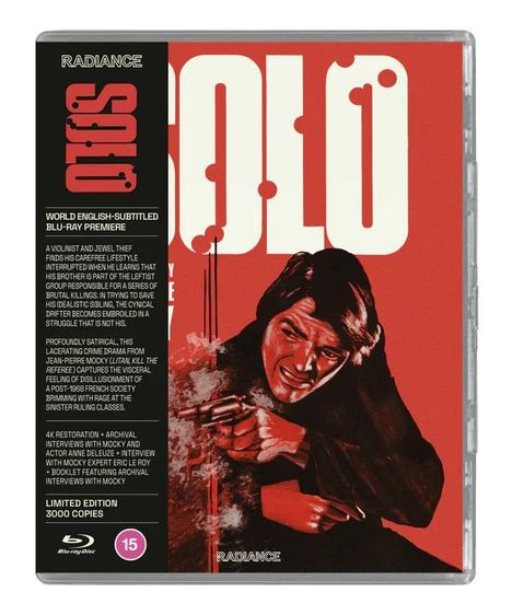 "SOLO" steht groß in Weiß auf Rot. Links Text: Blu-ray-Premiere, Weltpremiere, limitiert 3000 Exemplare. Illustration eines Mannes mit Waffe.