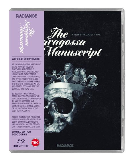 Text: "The Saragossa Manuscript", "A film by Wojciech Has", "WORLD 4K UHD PREMIERE". 

Illustration: Schädel mit Figuren darauf.