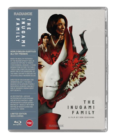"THE INUGAMI FAMILY" Blu-ray-Premiere, Regie: Kon Ichikawa. Rote und weiße Collage von Gesichtern mit dramatischem Ausdruck.