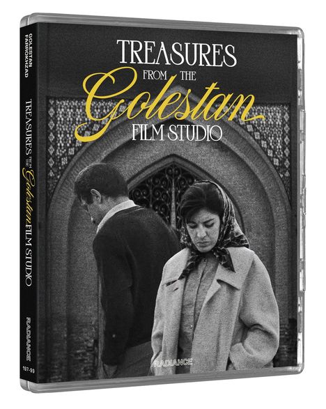 „TREASURES FROM THE Golestan FILM STUDIO“ auf einer DVD-Hülle. Schwarz-Weiß-Foto von zwei nachdenklichen Personen.