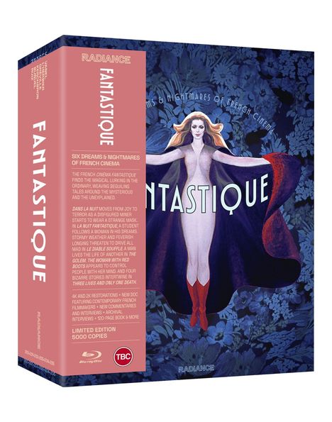 Text: "FANTASTIQUE", "Six Dreams & Nightmares of French Cinema". Illustration: Frau mit ausgebreiteten Armen, dunkler floraler Hintergrund.