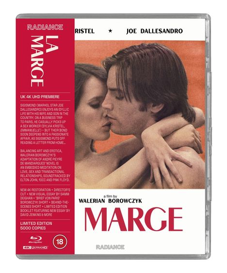 Texte: "LA MARGE", "UK 4K UHD PREMIERE", "LIMITED EDITION 5000 COPIES", "a film by WALERIAN BOROWCZYK", "MARGE".  
Foto: Ein Mann und eine Frau umarmen sich und stehen sich nah gegenüber.