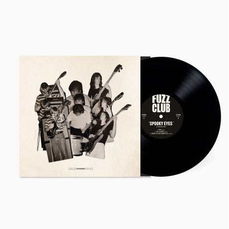 Auf einer Schallplatte steht "FUZZ CLUB" und "SPOOKY EYES." Das Cover zeigt Musiker mit Gitarren in einer Collage.