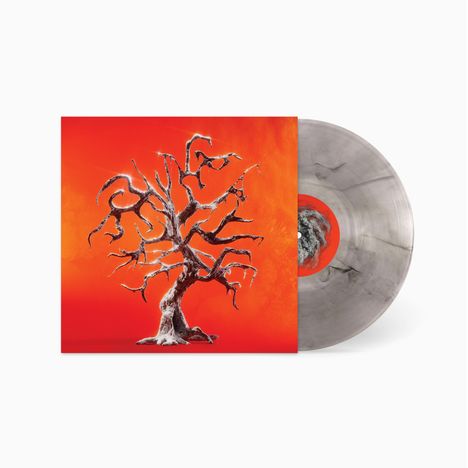 Trockenbaum auf rotem Hintergrund, rechts eine graue Marmor-Vinylplatte.