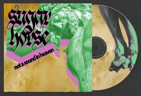 Text: "sunny noise" und "not a sound in heaven". Illustration von grüner Statue und Händen auf CD.