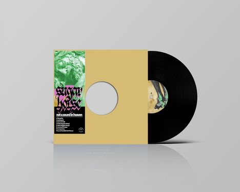 Vinyl-Hülle mit Text: "SUGAR NOISE" und "not a sound in heaven". Schwarze Schallplatte halb sichtbar. Grüne Musterillustration.