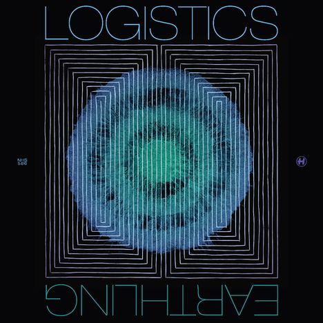 "LOGISTICS EARTHLING" in blauer Schrift, geometrische Muster mit einem blauen Kreis in der Mitte.