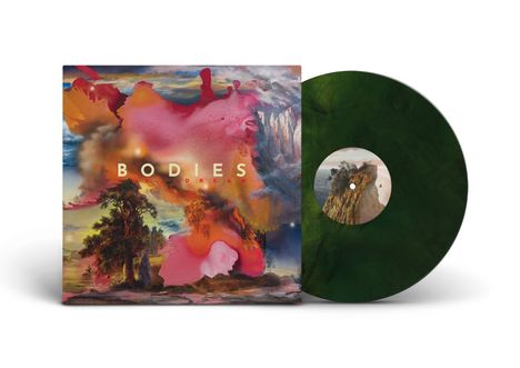 "BODIES D R E A M" in großen Buchstaben. Kunstvolles Cover mit lebhaften Farben und Landschaftselementen. Vinyl-Schallplatte in Grün.