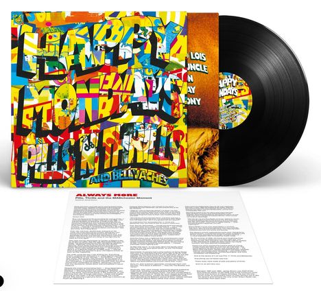 Bunte Collage mit großem Text "HAPPY MONDAYS PILLS 'N' THRILLS". Schallplatte daneben. Ein Infoblatt liegt darunter.