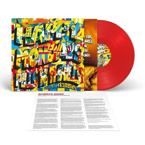 Bunte Schrift: „HAPPY MONDAYS PILLS 'N' THRILLS AND BELLYACHES“. Rote Vinyl-Schallplatte und beigelegter Text.