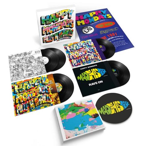 "Happy Mondays" Alben und EPs mit bunten Covern und Schallplatten in einem Set arrangiert.