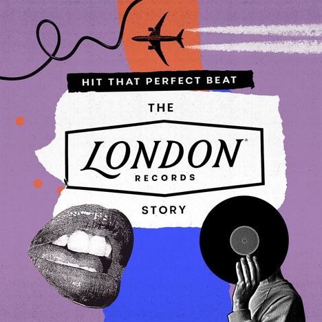 "Hit that perfect beat. The London Records Story." Illustration: Flugzeug, Kussmund, Person mit Schallplatte als Gesicht.