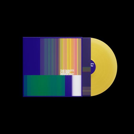 Text: "THE DURUTTI COLUMN", "RENAISCENT". Gelbe Vinyl-Schallplatte und bunte, gestreifte Hülle auf schwarzem Hintergrund.