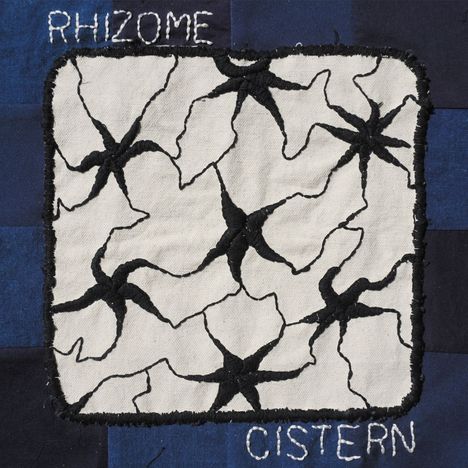 Oben "RHIZOME", unten "CISTERN". Schwarze Sternformen auf weißem Stoff, umgeben von dunkelblauen Quadraten.