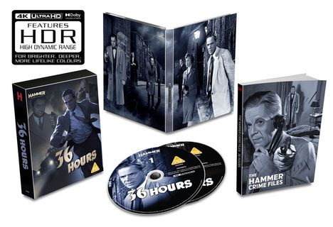 "4K Ultra HD, Features HDR", "36 Hours", "The Hammer Crime Files". Noir-Stil mit Männern in Trenchcoats.