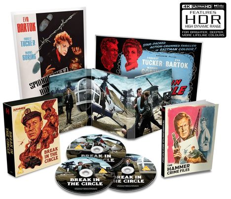 HDR, BREAK IN THE CIRCLE. Verschiedene Cover mit nostalgischen Illustrationen von Personen, Helikoptern und Actionszenen.