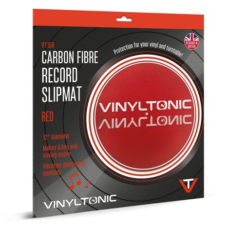 VT15R CARBON FIBRE RECORD SLIPMAT RED, 12" diameter, Vibration dampening, Logo mit britischer Flagge, Noten-Symbol.