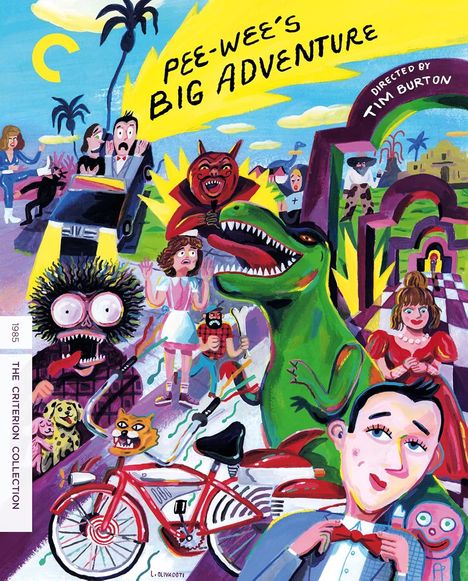 "Pee-wee's Big Adventure", "Directed by Tim Burton". Bunte Illustration mit Figuren, Dinosaurier, Fahrrad und lebhaften Szenen.