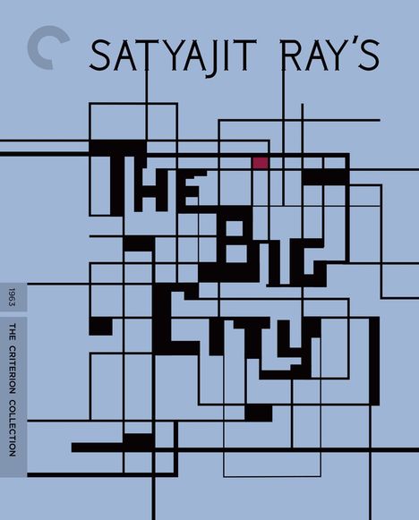 "Satyajit Ray's The Big City", Grafikdesign mit schwarzem Linienmuster auf hellblauem Hintergrund.