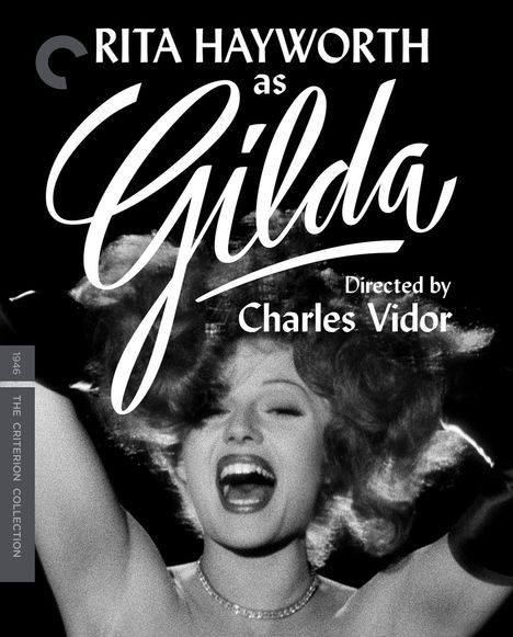 „Rita Hayworth as Gilda“, „Directed by Charles Vidor“. Fröhliche Frau mit lockigem Haar in Schwarz-Weiß.