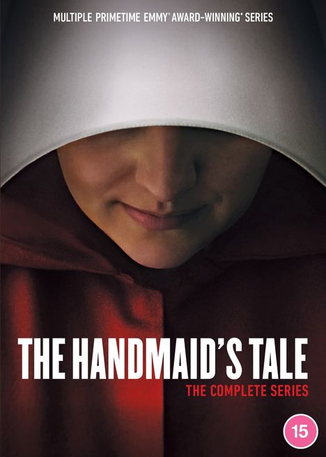 Text: „Multiple Primetime Emmy Award-Winning Series“, „The Handmaid’s Tale: The Complete Series“. 

Illustration: Gesicht unter einer großen weißen Haube im roten Umhang.