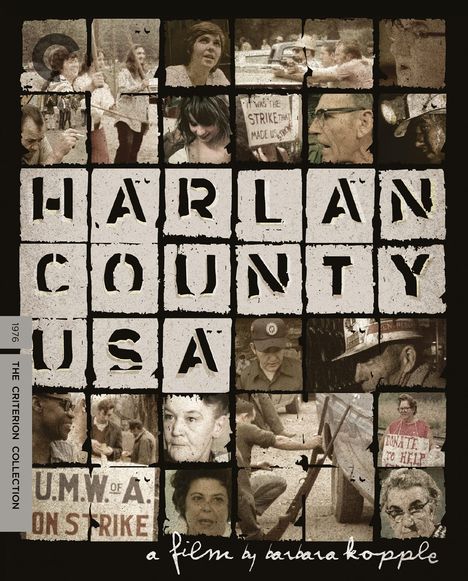 HARLAN COUNTY USA. Ein Film von Barbara Kopple. Verschiedene Fotos von Protesten und Arbeitern in quadratischen Feldern.